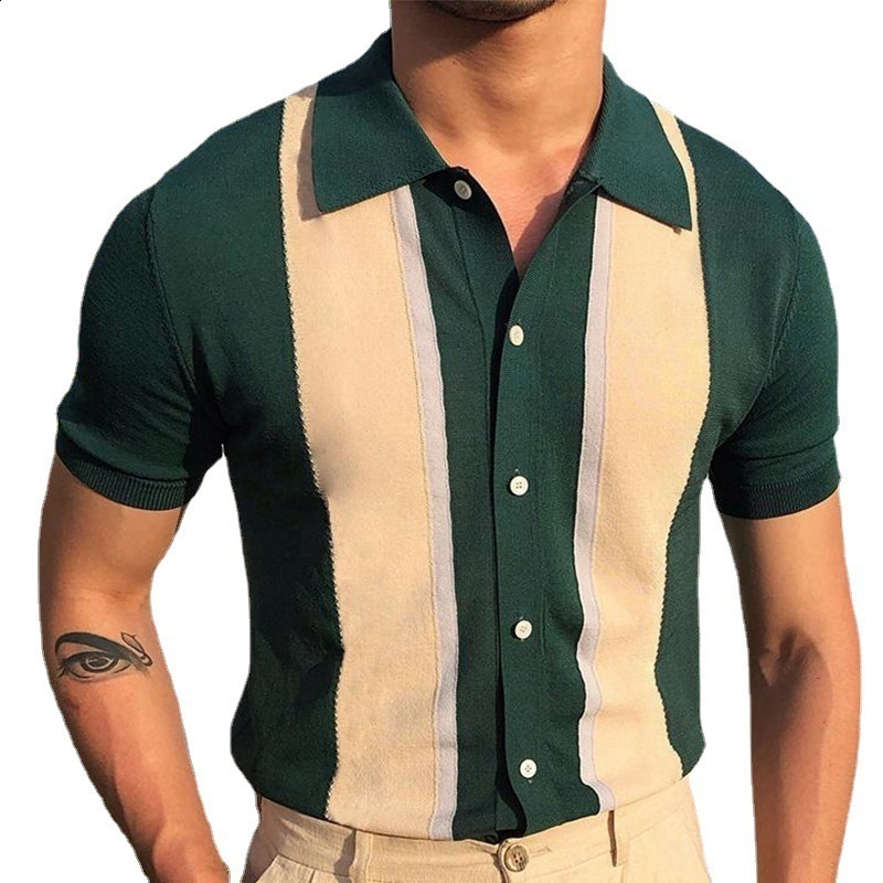 Lapel color contrast T-shirt single breasted cardigan knit short sleeve POL O-shirt 220615