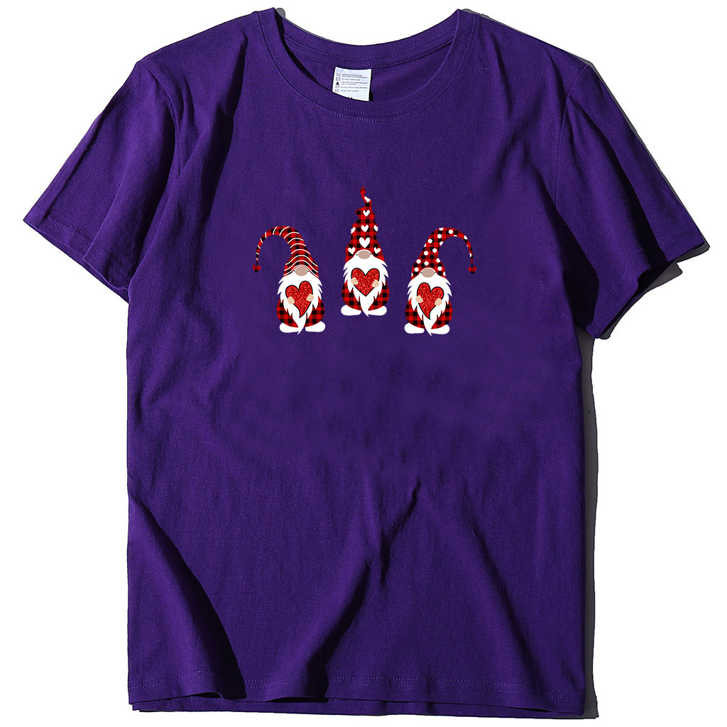trendy T-shirt with three Santa Claus holding hearts printed multiple colors, available in cotton short sleeves dongdumaoyi