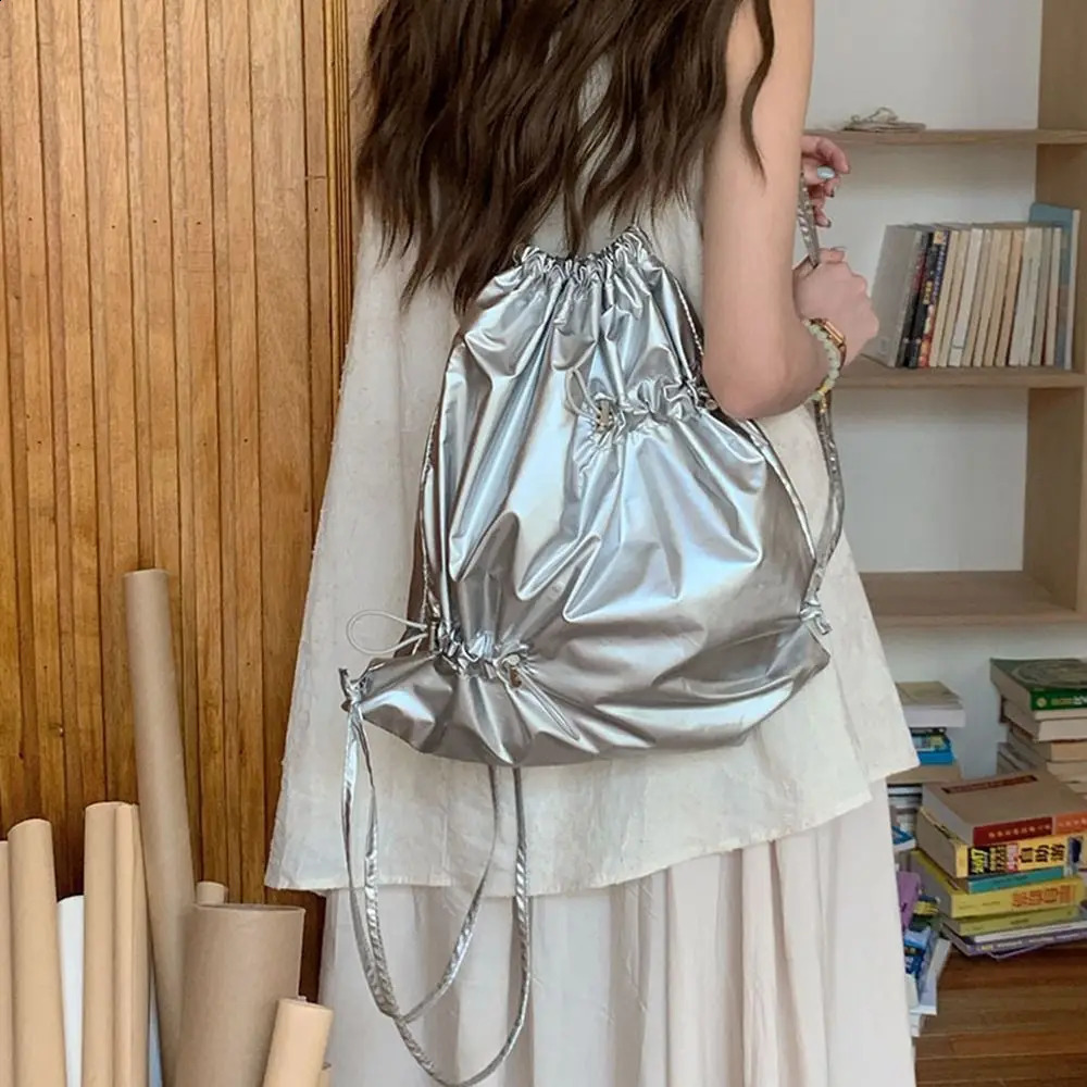 Leisure Korean drawstring backpack business folding nylon Ruched backpack niche book bag silver shoulder bag outdoor 240912
