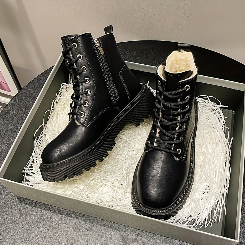 Women's Chic Fluffy Combat Martin Ankle Boots Round Toe Warm Lined, Mid Heel with Non-Slip Sole for Winter Snow boots