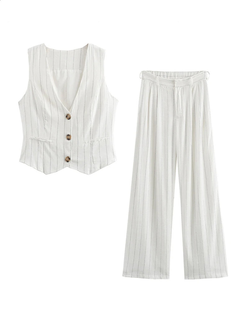 Fashion Stripe Vest Pants Sets For Women Slim V-neck Single Breasted Tank Top High Waist Trousers Summer Lady Office Outfit 240826