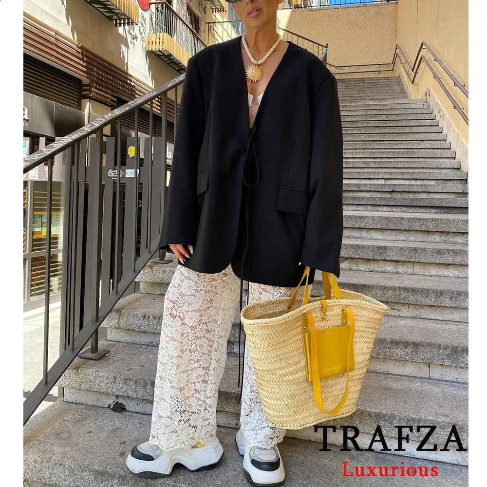 TRAFZA Casual Oversized Black Blazer Women V Neck Bow Tie Pockets Loose Jackets Fashion Streetwear Women Outwears 240826