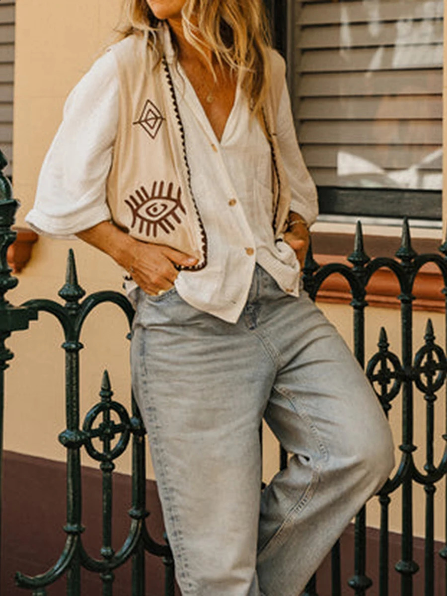 Womens Vintage Vest Tops Waistcoat Casual Embroidery Sleeveless Open Front Boho Cardigan Crop y2k V Neck Outerwear Jacket 240826