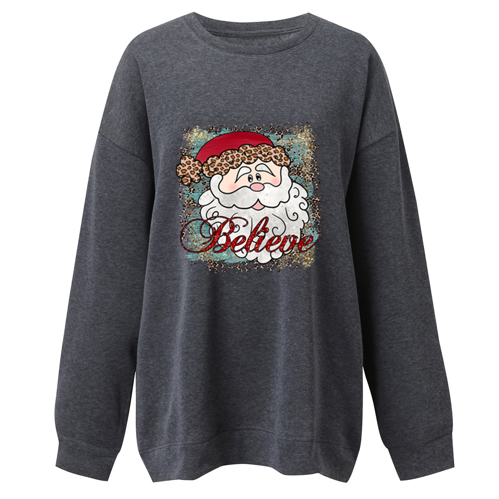 New plus size with believe pattern print and shoulder drop Christmas women's hoodie round neck dongdumaoyi