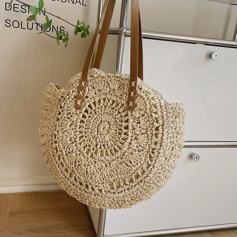 Summer Round Straw Shoulder Bags for Women Rattan Handmade Woven Beach Handbags Female Travel Casual Large Capacity Shopper Tote 240826