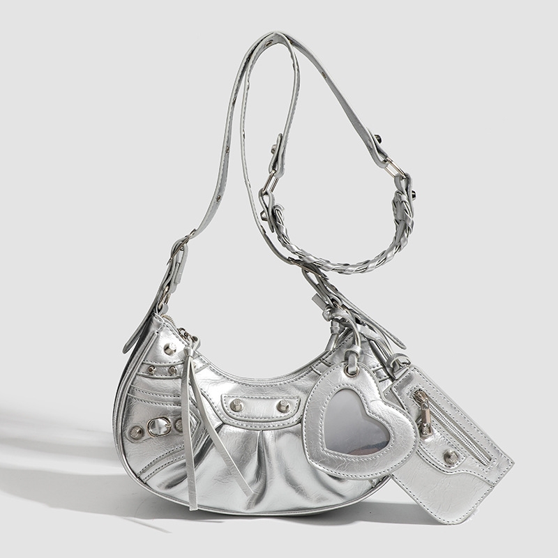 In The Summer Of 2024 New Drawstring Women's Bag Fashion Bucket Bag Rivet Motorcycle Bag Wide Strap Crossbody Bag Tready Crescent Moon Bag For Wo
