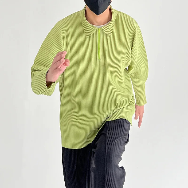 Pleats Original Polo Shirt Long-sleeved Mens Spring Sports And Leisure Solid Color Zipper Pleated Tops Men 240824