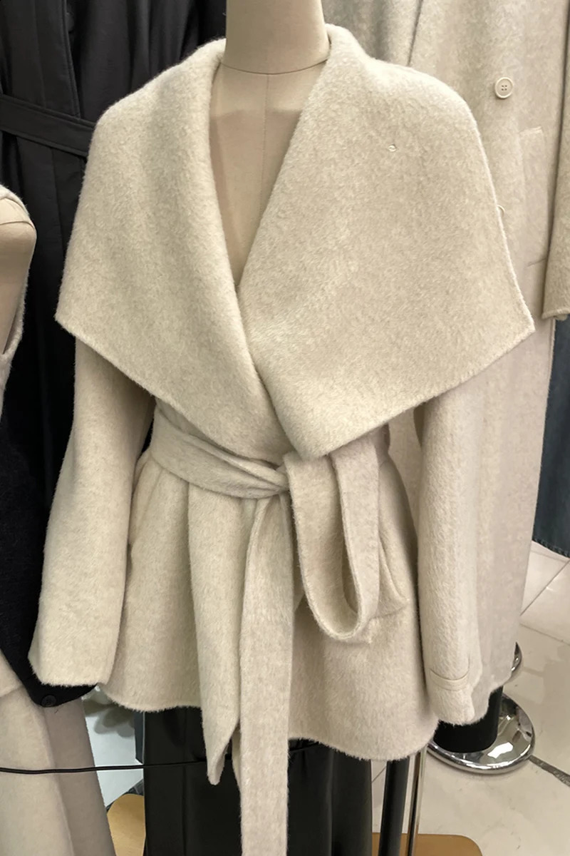 GkyocQ Korean Fashion Women Coat Wool Blends Lapel Collar Long Sleeve Waist Slim Belt Elegant All Match Female Coats Jacket 240826