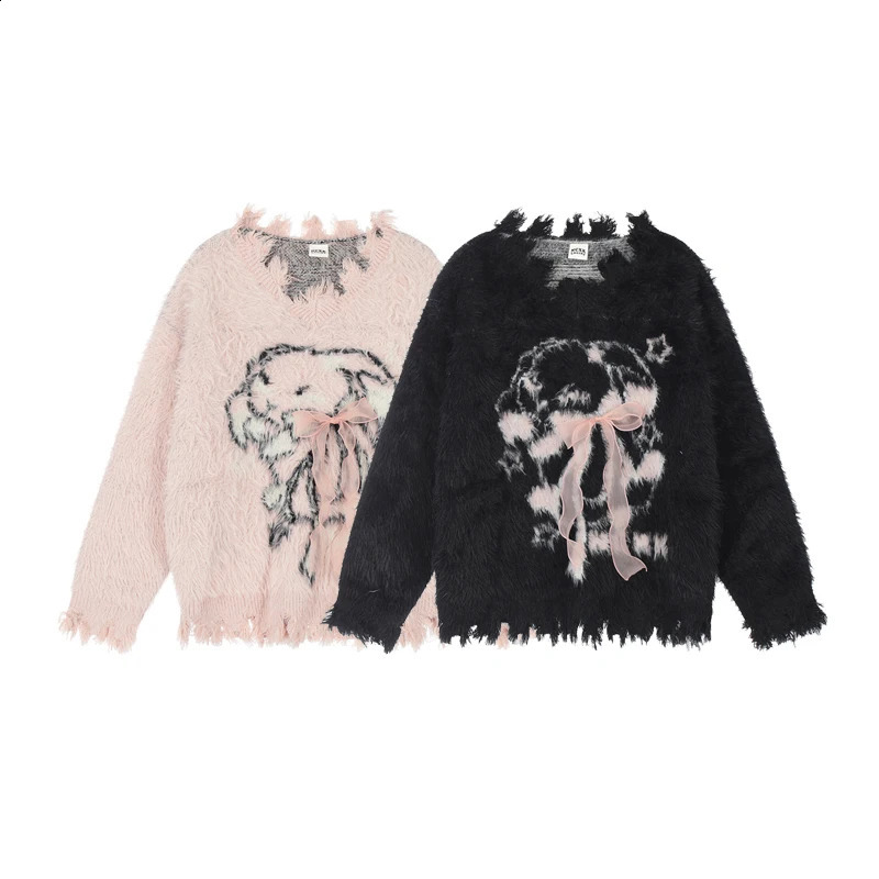 Womens Print Mohair Pullover Sweater Aesthetic Y2k Elegant Vintage Long Sleeves Bow Knitted Jumper Sweater 2000s Clothes Autumn 240824