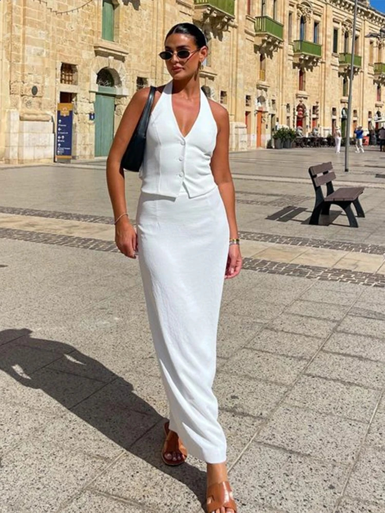 Halter Tank Top Skirt Set Women 2 Piece Single Breasted Backless Bandage Vest Split Long Skirt Matching Sets Office Lady Outfit 240826