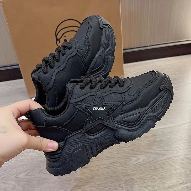 Autumn Leather Brown Platform Sneakers Thick Sole Slip On Women Casual Shoes Lace-up Ladies Comfortable Running Shoes 240826