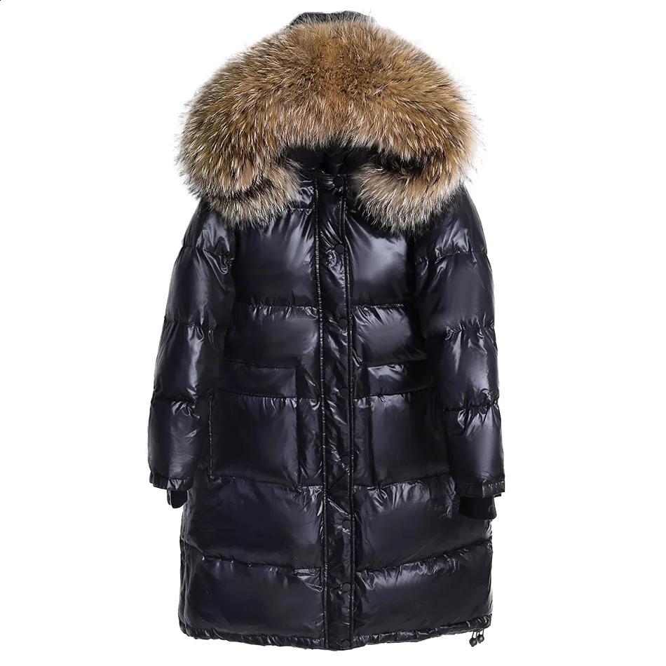 Maomaokong Women Winter Black Loose Long Down Jacket Real Fur Collar Hooded Fashion Waterproof Female Large Coat 240824