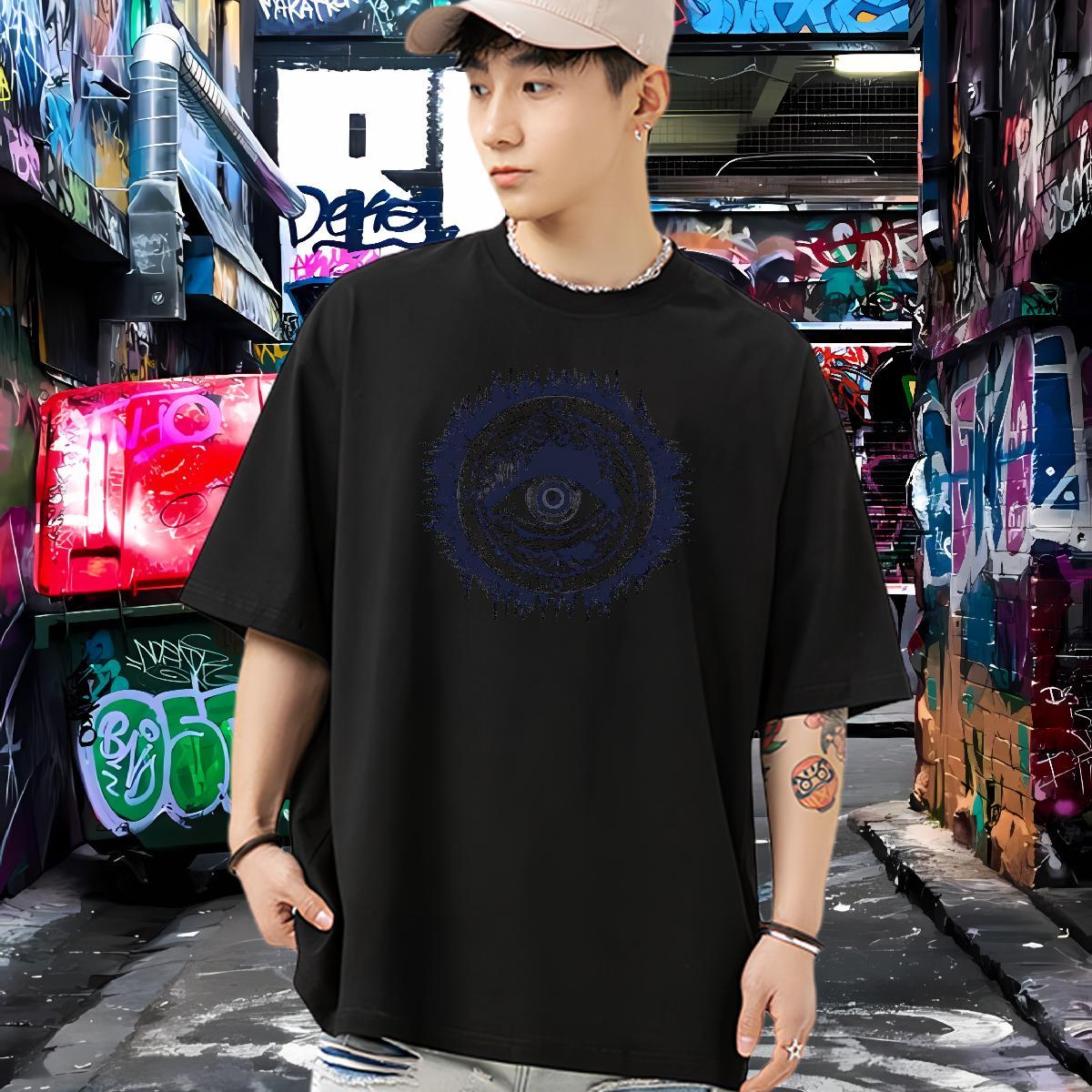 Soft Men T Shirts 230g Cotton eye of the devil Home Outdoor Anime Print Crew Neck Men Tshirts Customized Polos