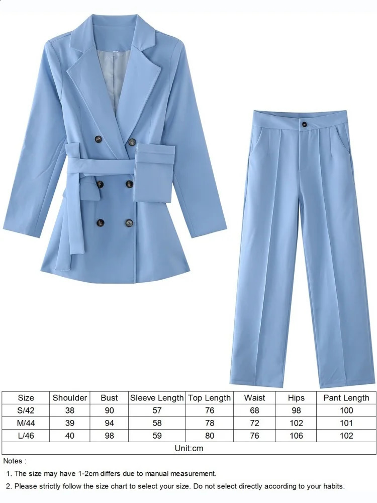 TYHRU Women office Pant Suit Double breasted Full Sleeve Blazers JacketWide leg Pant Two Pieces Set Lady Outfits Work Clothes 240826
