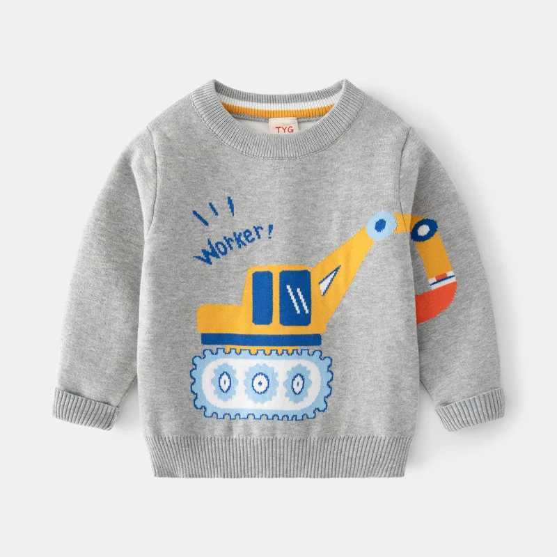 Childrens Sweater Boys Winter Double layer Cotton Knitted T-shirt Excavator Pattern Long sleeved Childrens Sweater Warm Knitted TopW240824