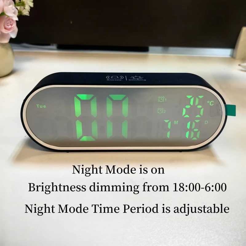 Rechargeable Digital Alarm Clock TEMP Date Week 2 Alarms Night Mode Snooze 12/24H Anti-disturb Voice Control LED Mirror ClockXJ240824