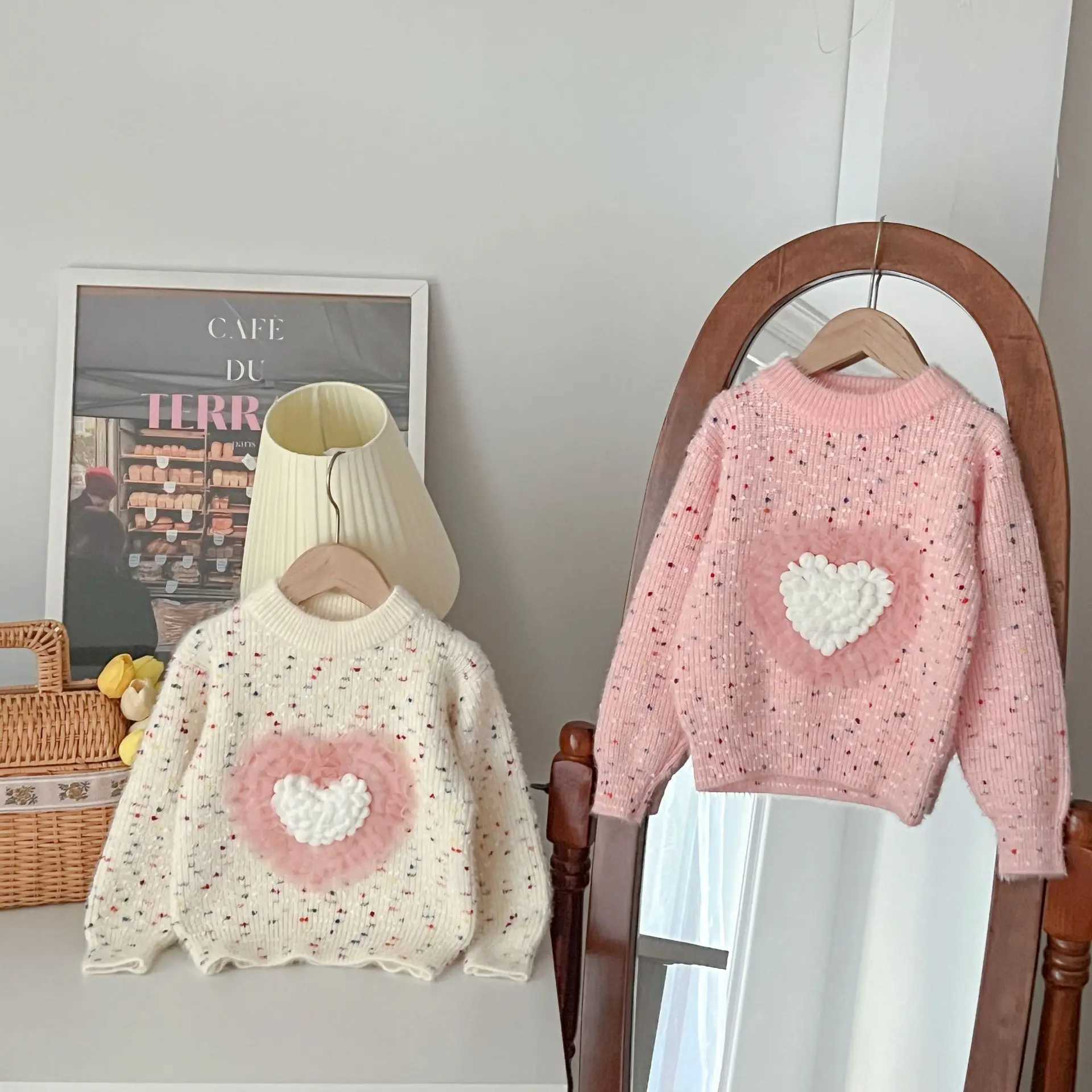 Autumn and Winter Preschool Girls Sweaters Loose Rainbow Dot Printed Thick Baby Girls Hoodies Loose Love Knitted Childrens Girls SweatersW240824