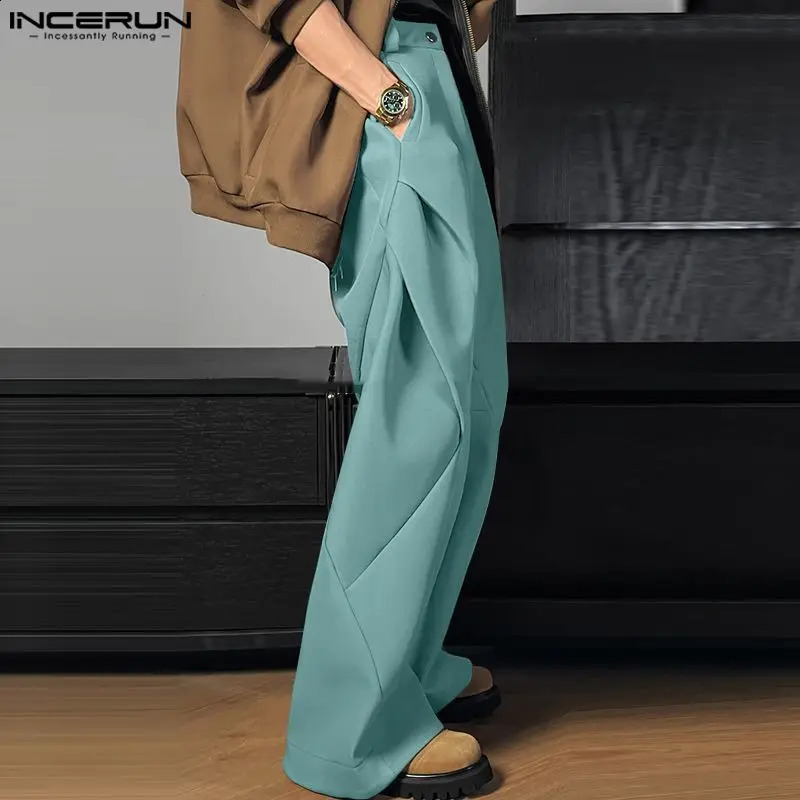 INCERUN 2024 Fashion Casual Mens Trousers Pleated Patchwork Diamond Solid Pants Male Straight Leg Wide Leg Pantalons S-5XL 240826