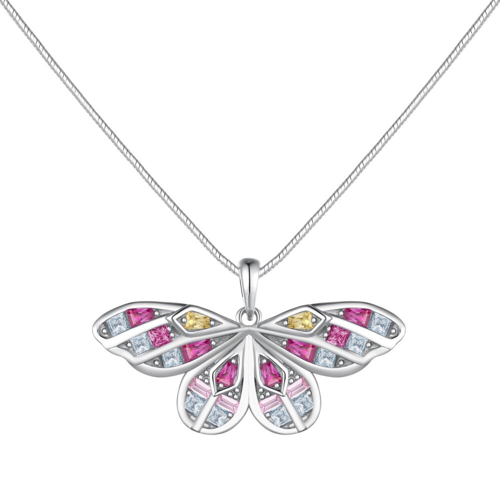 Japanese and Korean New S Pure Sier Necklace Butterfly Wings Inlaid with Colorful Zircon Design for Women's Item