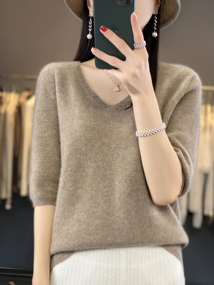 Aliselect short sleeved womens knitted sweater 100% pure Merino wool cashmere spring fashion Vneck top with floral clothing 240826