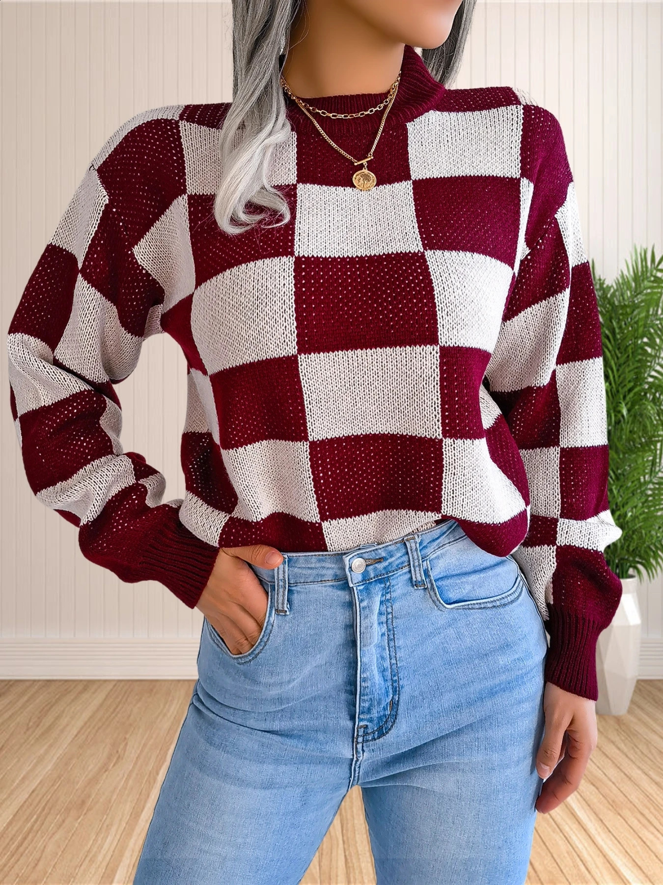 Womens colorful checkered staff collar long sleeved Y2K plain weave knitted pullover sweater top retro prefabricated style knitted top 240826