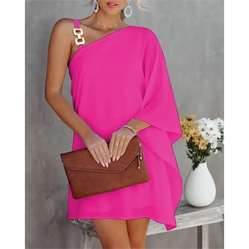 Summer Womens One Line Diagonal Neck Off Shoulder Dress Fashion Printed Solid Color Dress Metal Strap Bat Sleeve Dress 240824