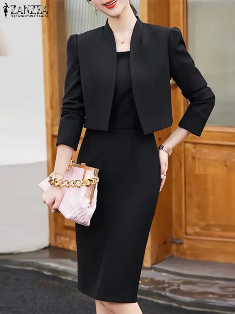 2PCS Women Elegant Work Matching Sets ZANZEA Female Blazer Solid Slim Dress Sets Spring Office Outwear OL Outfits Tracksuits 240826