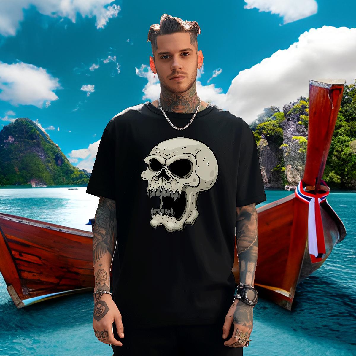 Loose Fit Men T Shirts 230g Pure Cotton skull Hip Hop Street DIY Printed Breathable Short Sleeve Men Clothes T-Shirt Customized Tees
