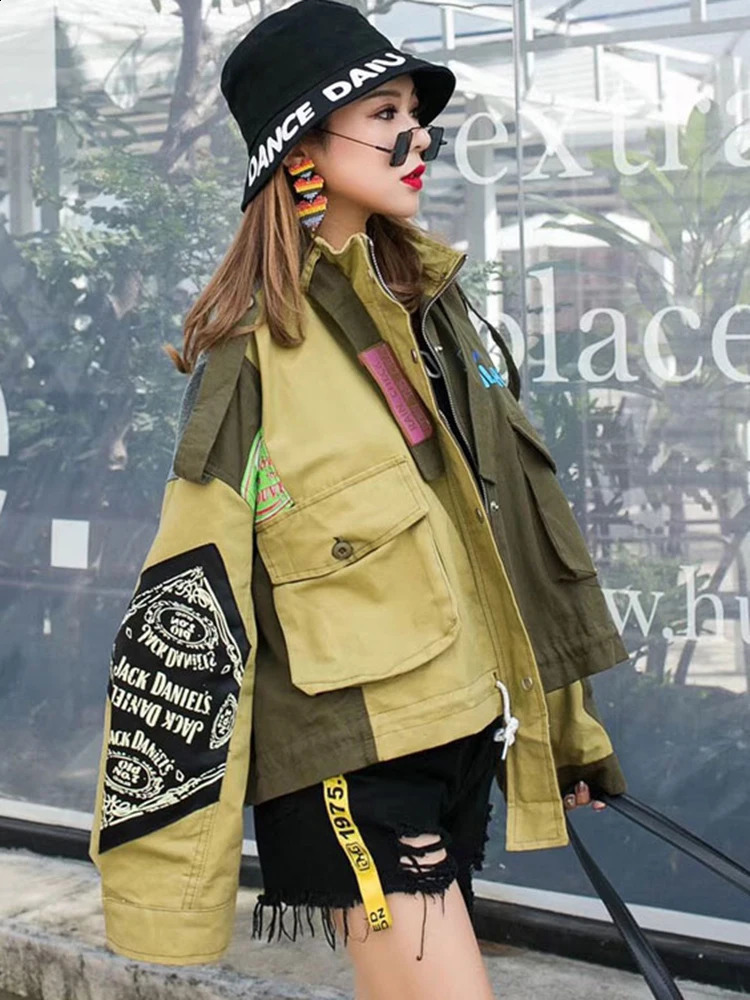 IEQJ Retro Splicing Letter Jacket Irregular Comparison Pocket Womens Short Coat Autumn Fashion 3WQ748 240826