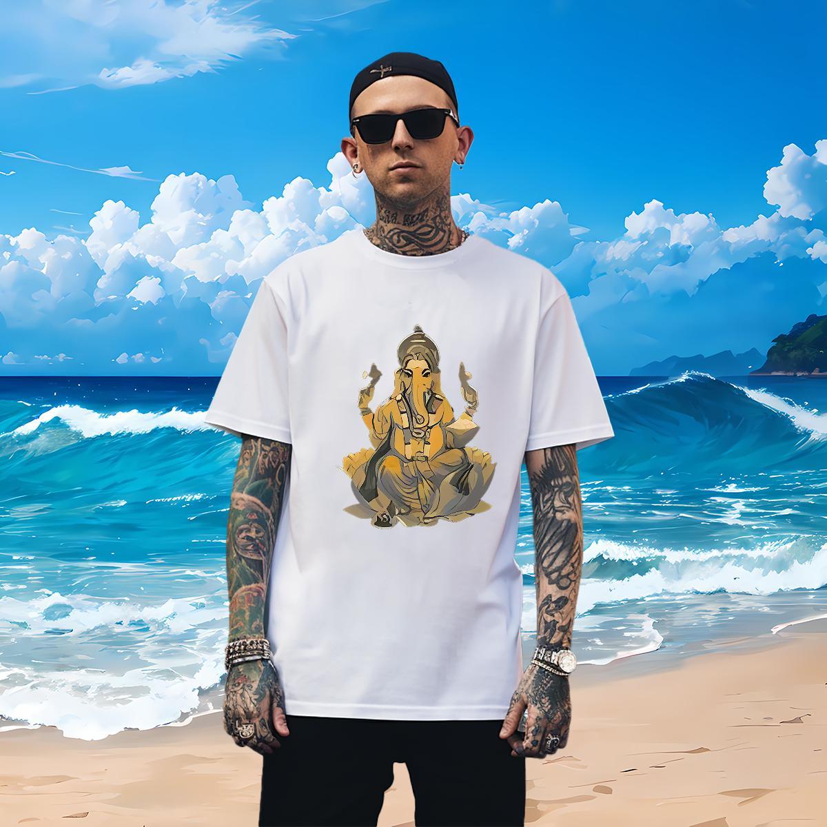 Cool T Shirts Men 230g Cotton Ganesha Outdoor Custom Big Size Short Sleeve O-Neck Men Tshirts Classic Casual Tops