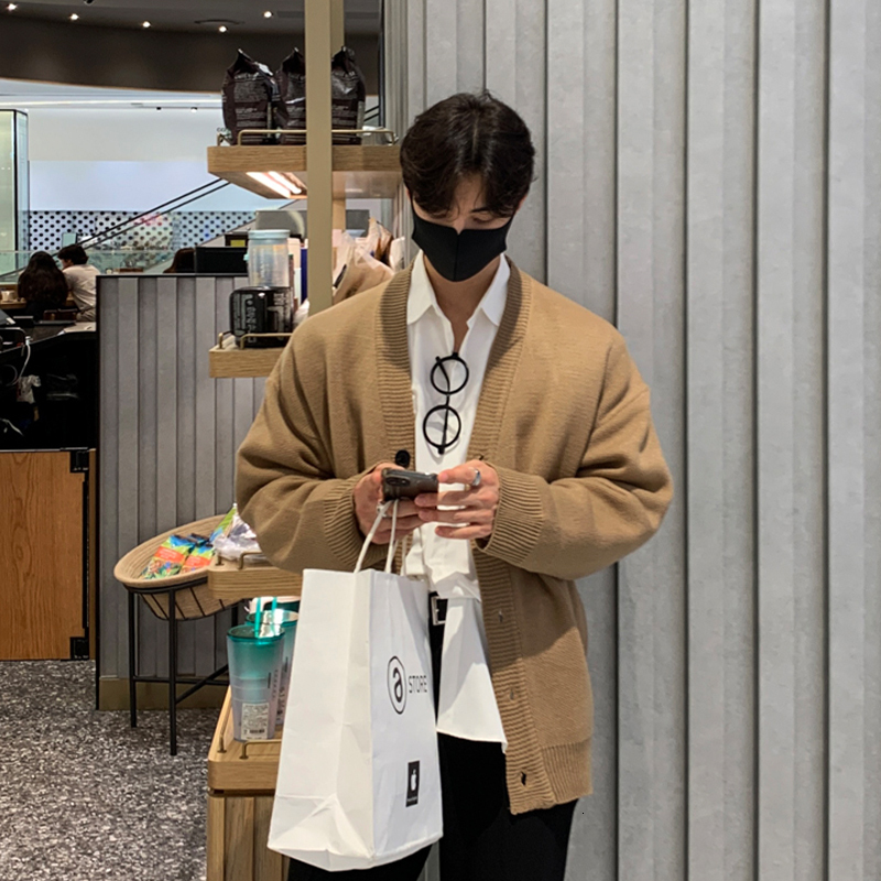 Autumn and Winter V-neck Knitted Sweater Cardigan Khaki Soft Glutinous Jacket Mens Korean Version Loose Sweater Korean Dongdaemun Mens Fashion Trend