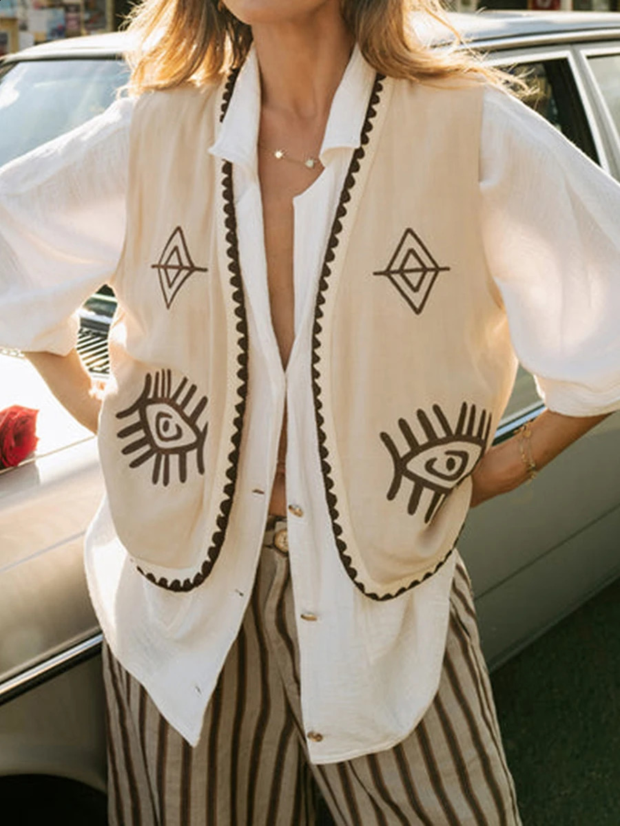 Womens Vintage Vest Tops Waistcoat Casual Embroidery Sleeveless Open Front Boho Cardigan Crop y2k V Neck Outerwear Jacket 240826