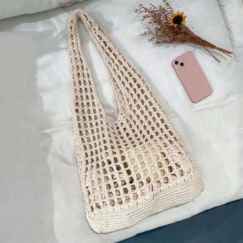 Hollow Out Bag Shoping Shoulder Bags Crochet Knitted Beach Large Capacity Versatile for Women Travel Handbags 240826