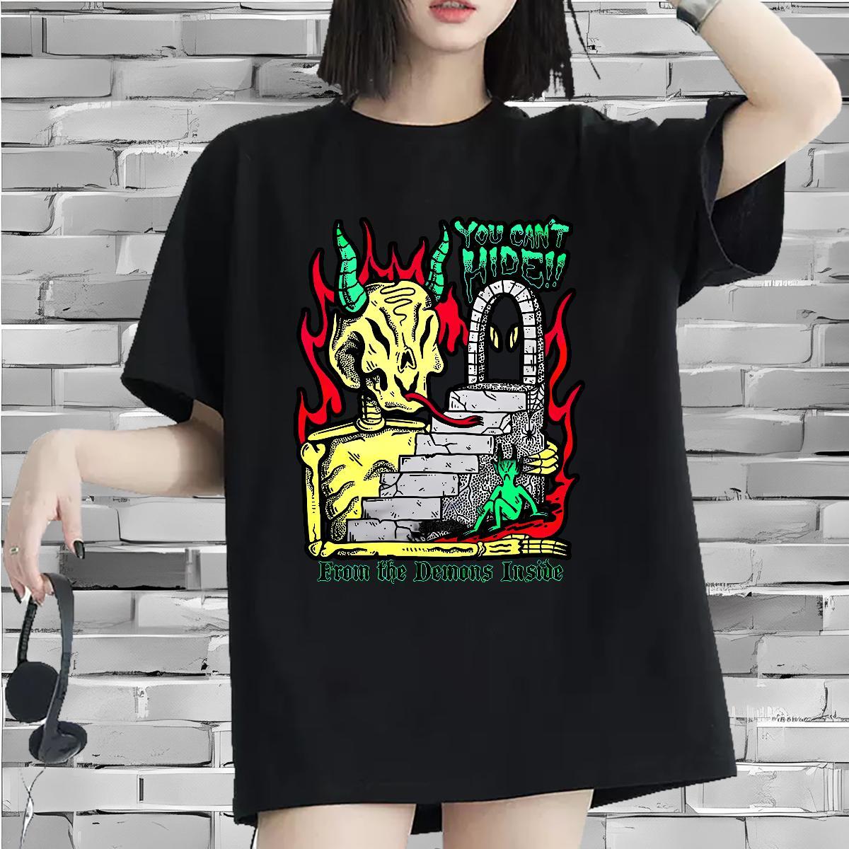 Nice Woman Tshirt 230g Pure Cotton demon Hip Hop Street Women T Shirts Round Neck Short Sleeve Skull Clothes