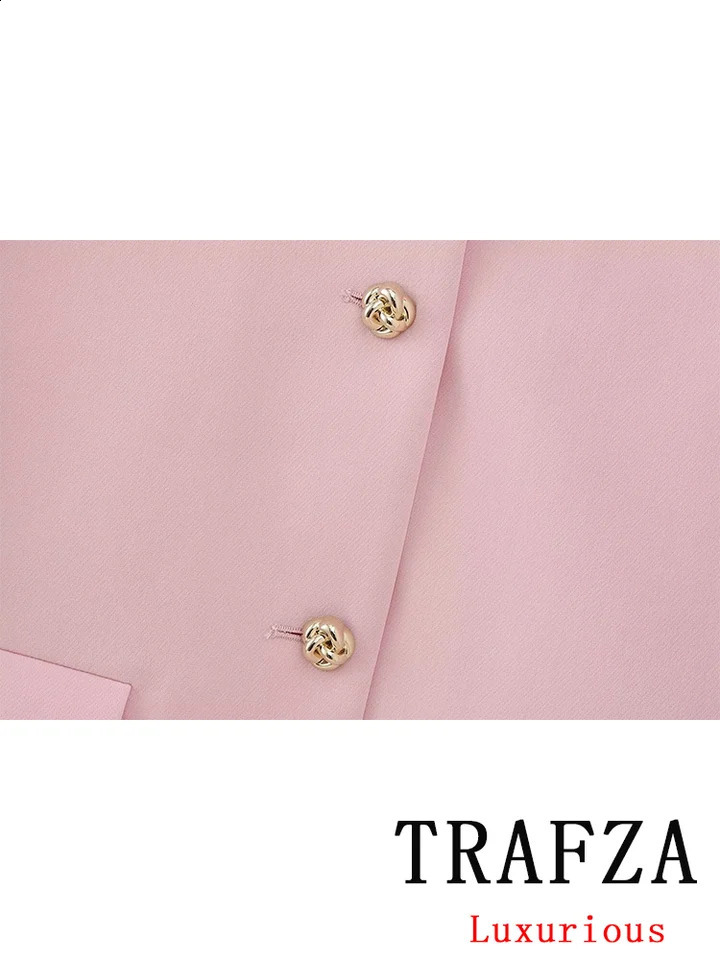 TRAFZA Vintage Chic Office Lady Pink Solid Women Suit Pockets Blazer Belt Straight Loose Pants Fashion Office Lady Set 240826