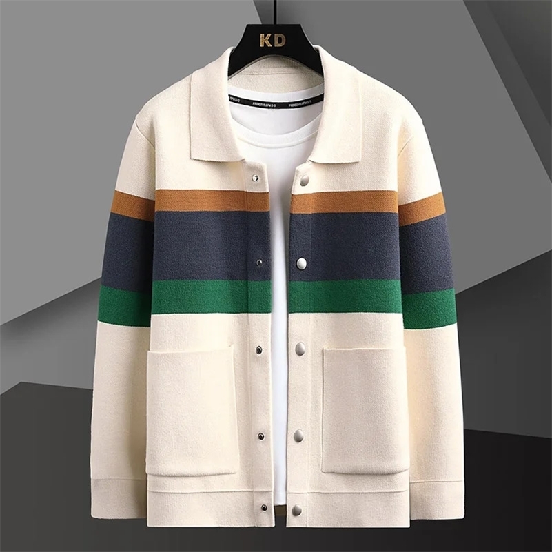 Autumn Winter Fashion Knitted Cardigan Coat Mens Matching Color Casual Loose Sweater Warm Coats Plus Size 5XL-M 240824