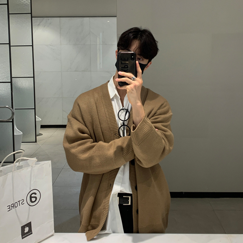 Autumn and Winter V-neck Knitted Sweater Cardigan Khaki Soft Glutinous Jacket Mens Korean Version Loose Sweater Korean Dongdaemun Mens Fashion Trend
