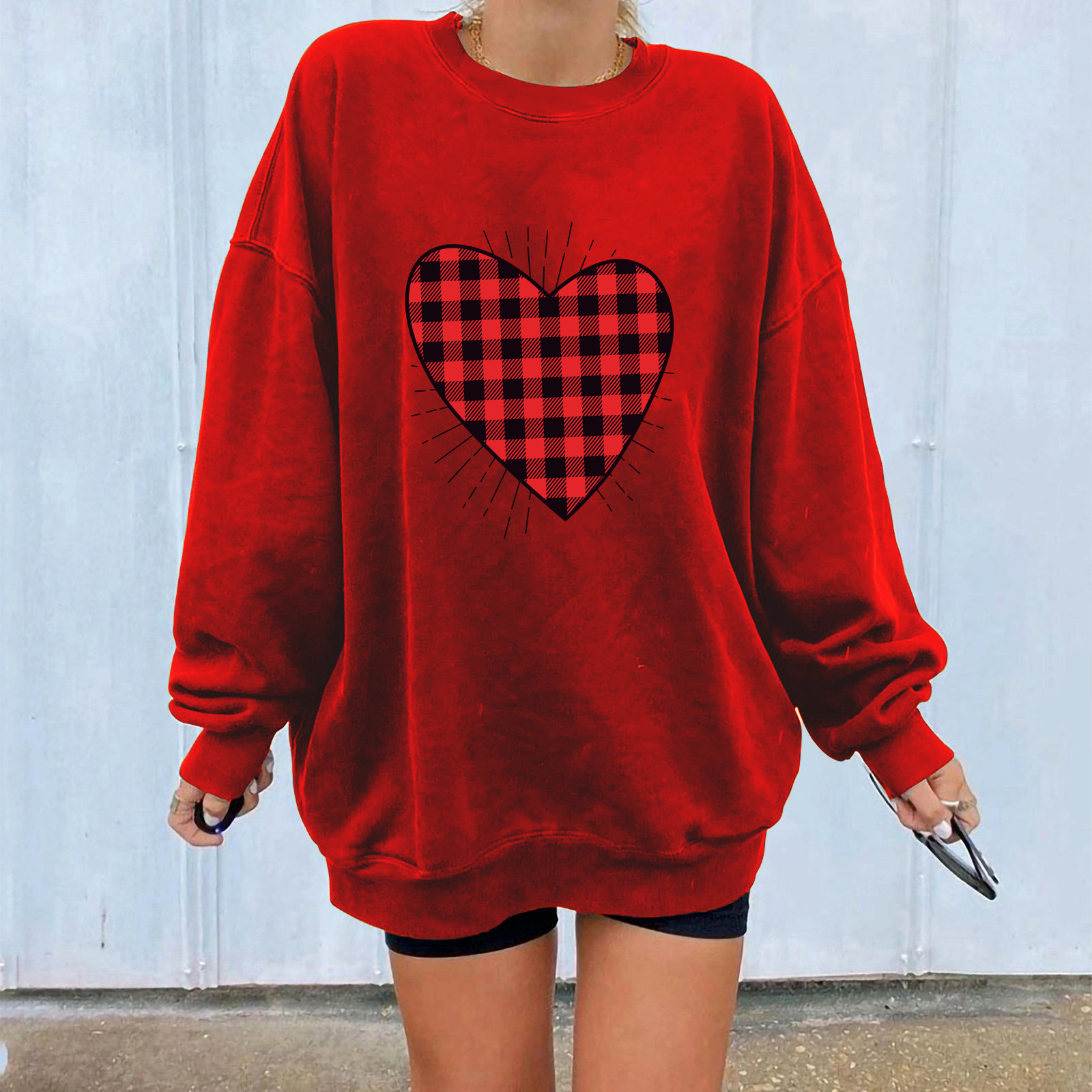 Christmas trend shoulder down with red and black checkered heart-shaped line printed casual style jacket hoodie dongdumaoyi