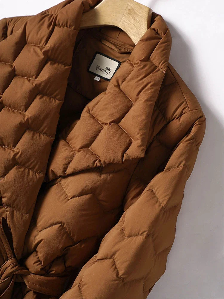 Winter Lightweight Down Jacket with Belt Women Elegant Tie Long Cotton White Duck Parka Female Ladies Jackets Coat 240824