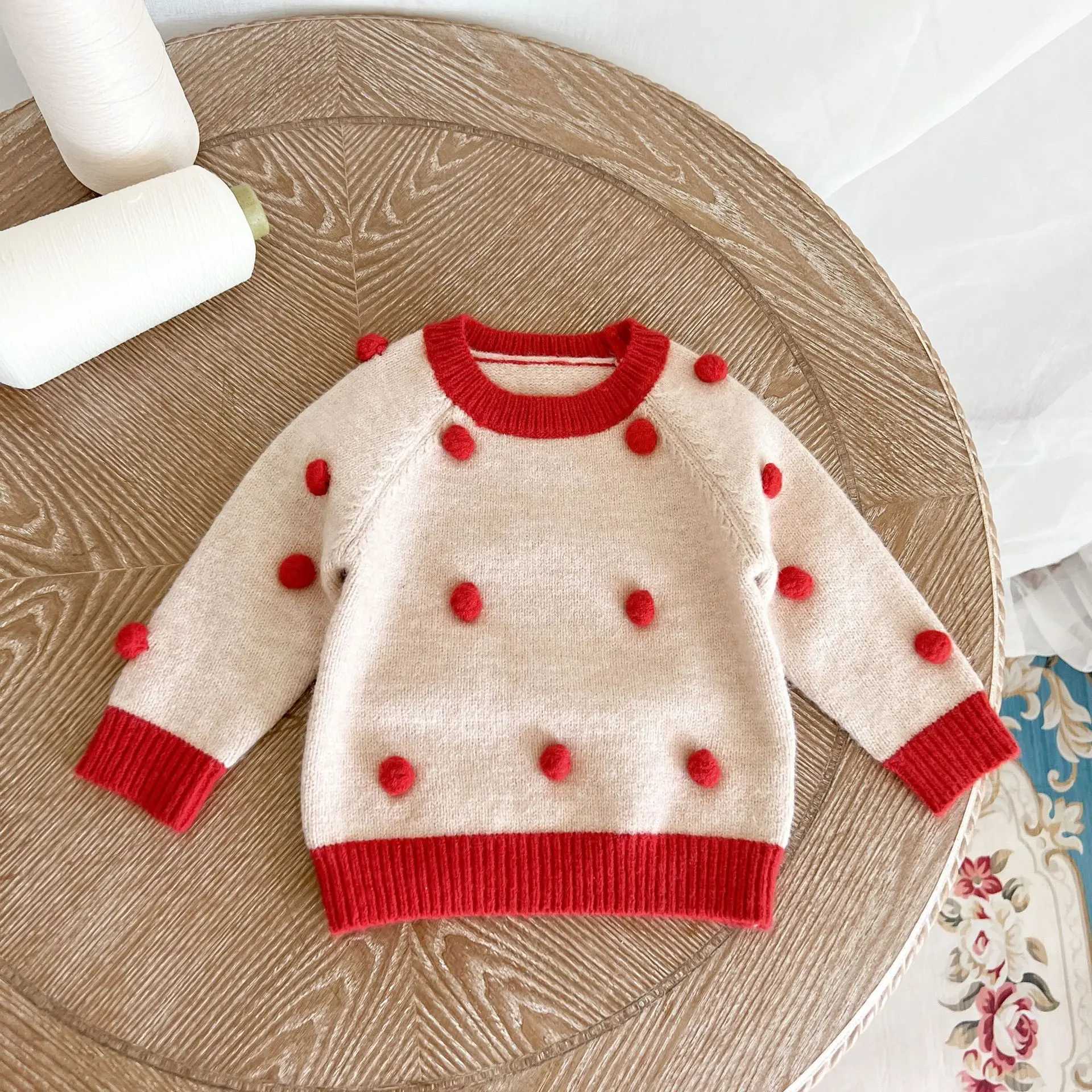 2024 Ins Korea Autumn Childrens Baby Girl Sweater Cotton Knitted Long Sleeve Baby Girl Zipper Handmade Ball Preschool Girl TopW240824