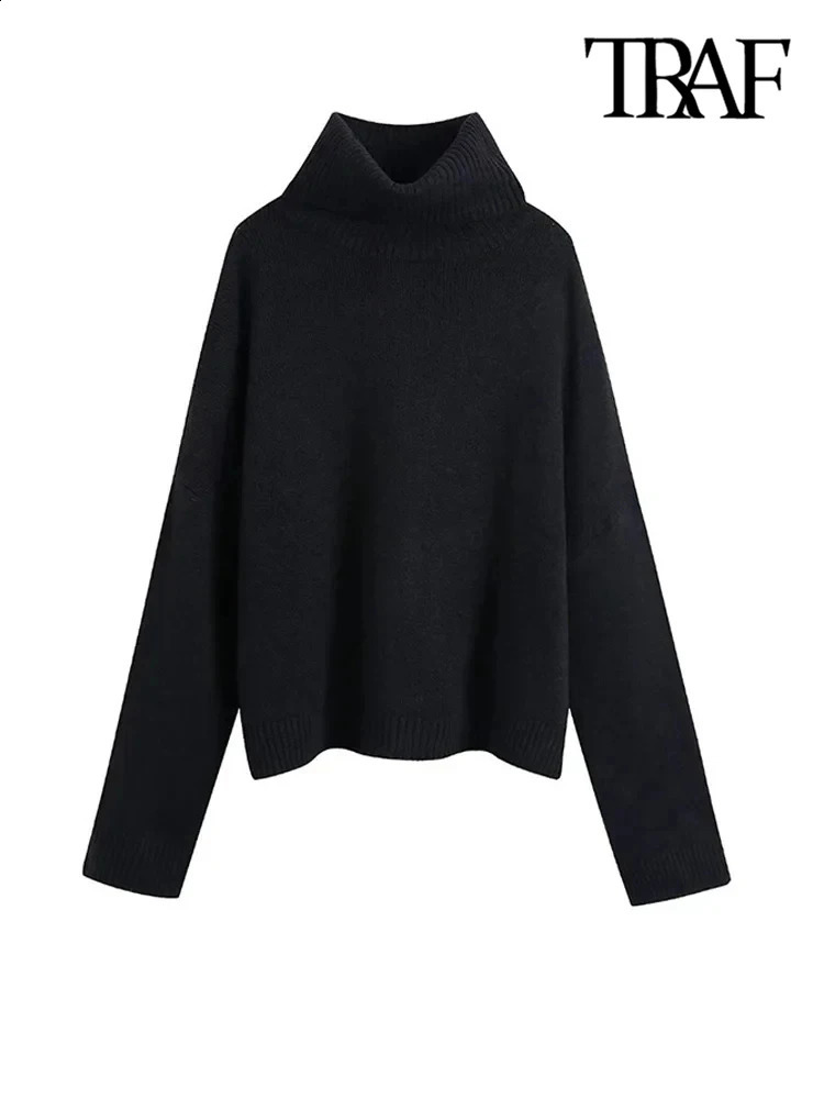 TRAF Womens Fashion Ribbed Decoration Loose Knitted Sweater Retro High Collar Long Sleeve Zipper Fashionable Top