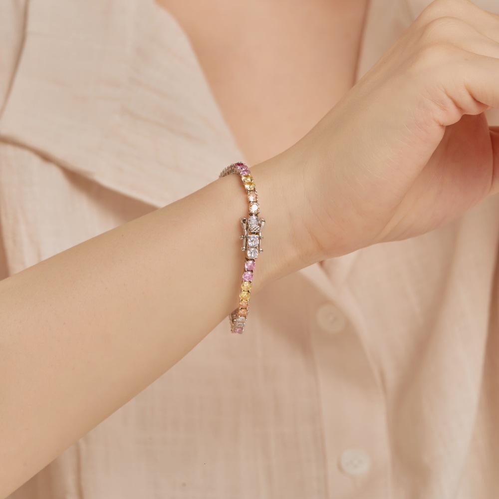 New S Pure Sier Bracelet with Colored Zirconia Inlaid Diamond Design, Fashionable and Versatile Rainbow Women's Handicraft