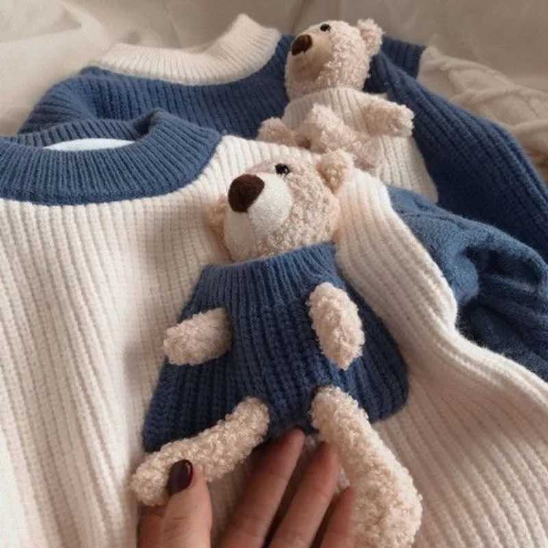 Childrens winter thick sweater baby Korean contrasting plush knitted shirt suitable for boys and girls wearing round neck underwearW240824