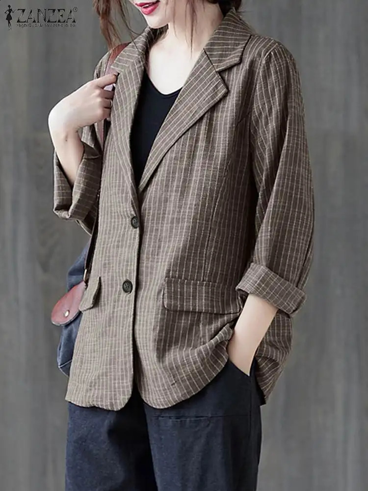 ZANZEA Fashion Stripe Printed Blazer Woman Long Sleeve Lapel Neck Jackets Autumn Casual Street Outwear Vintage OL Suits 240826