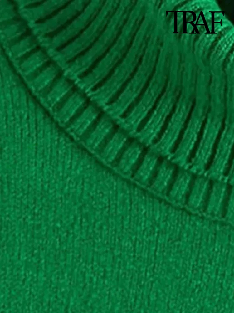 TRAF Womens Fashion Ribbed Decoration Loose Knitted Sweater Retro High Collar Long Sleeve Zipper Fashionable Top