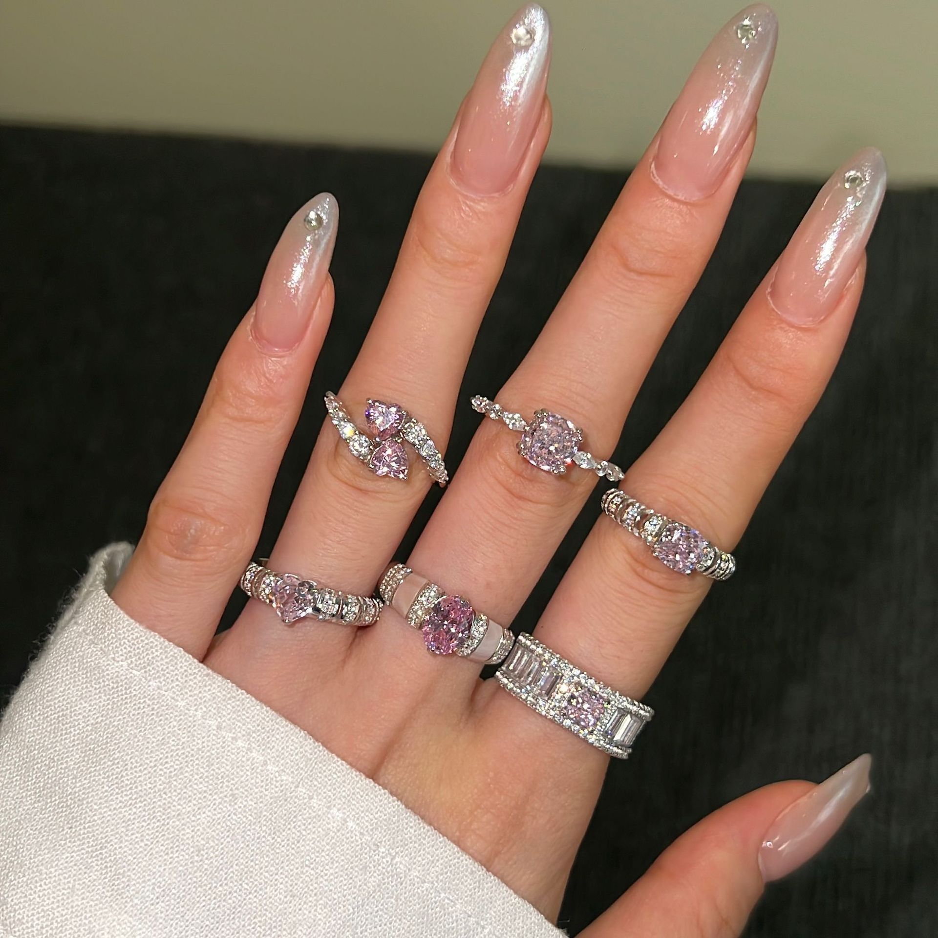S pure sier ring, women's high-end feeg, blue pink ice wer cut zircon fashionable geometric heart ring