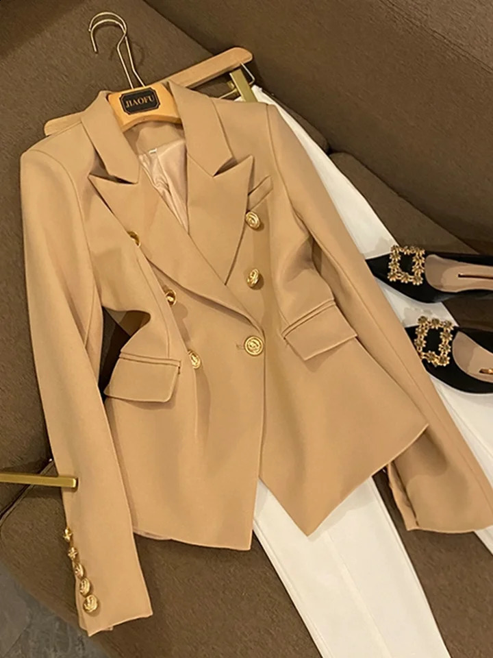 HIGH STREET est er Jacket Womens Classic Lion Buttons Double Breasted Slim Fit Blazer Brown 240826