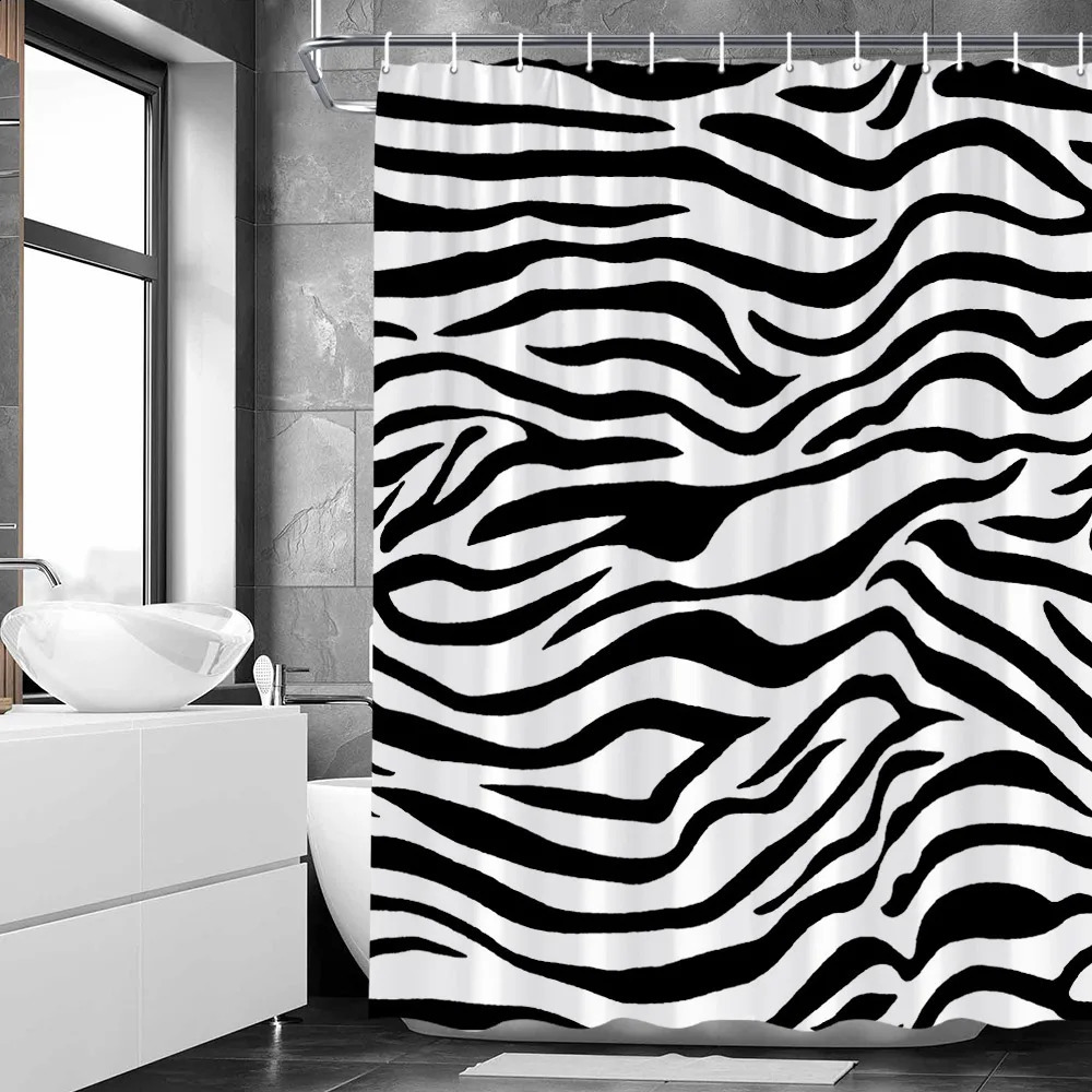 Leopard Shower Curtains Black White Zebra Skin Printing Rural Farm Decorative Pattern Fabric Bath Curtain Bathroom Screen Hooks 240824