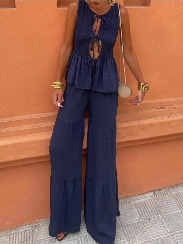 Women Fashion Casual Spliced Wide Leg Pleated Pants Set Chic Hollow Out Lace Up Flare Hem Shirt Suit Lady Holiday Elegant Outfit 240824