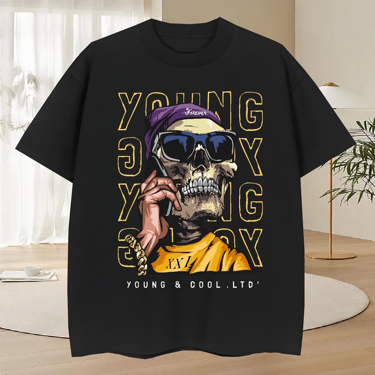 Cool T-Shirts for Men 230g Pure Cotton skull Hip Hop Street Cartoon Print Breathable Short Sleeve Couples T Shirts Stylist Tshirts